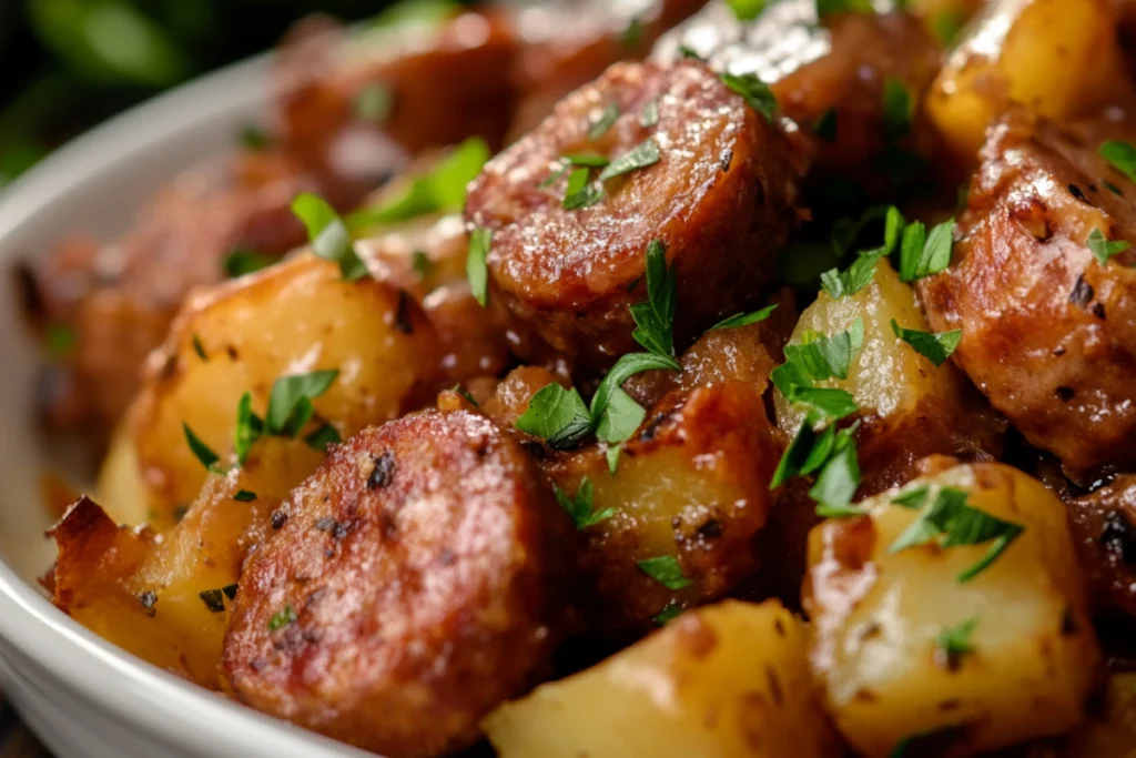 Hearty sausage and potato casserole fresh from the oven