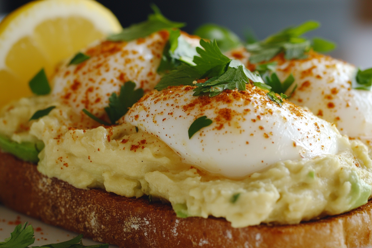 Sourdough avocado eggs on toast with poached eggs and garnishes