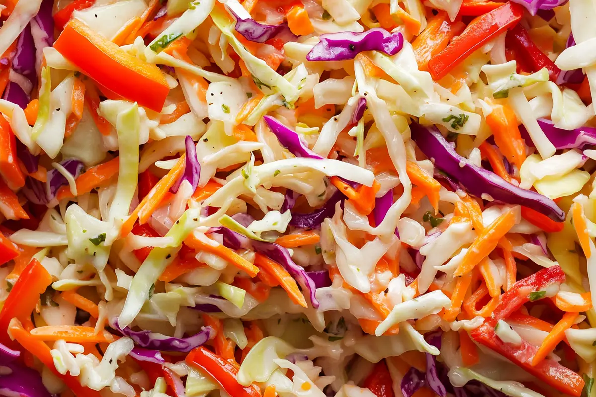 Sweet and sour coleslaw without oil, vibrant mix of cabbage and carrots.