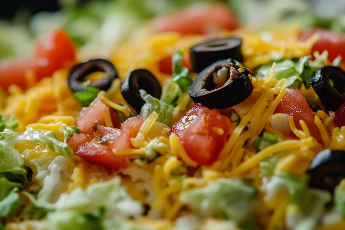 Layered taco dip surrounded by tortilla chips and garnishes.