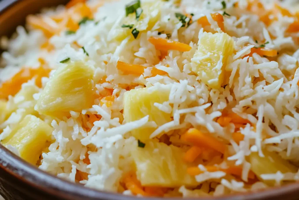 Bowl of pineapple coleslaw with cabbage, pineapple, carrots, and bell peppers