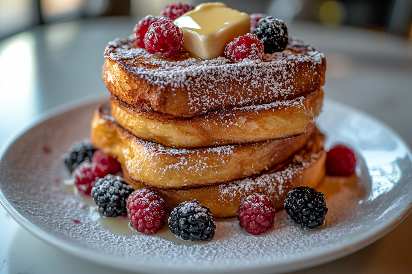 Golden buttermilk French toast stacked on a white plate with berries, powdered sugar, and melting butter