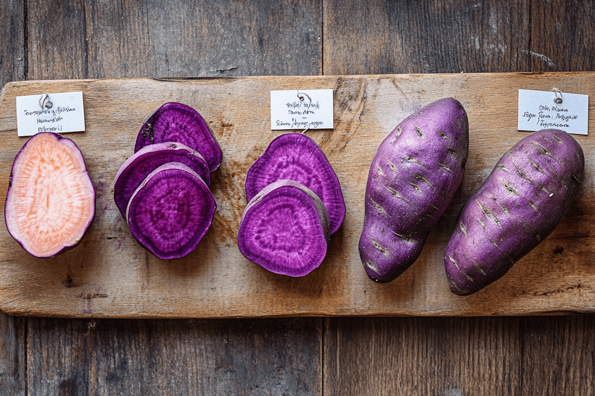 Three types of purple sweet potatoes—Okinawan, Stokes Purple®, and Murasaki—sliced and labeled on a wooden board.