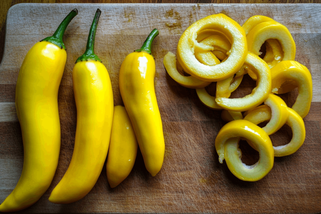 Fresh sweet and hot banana peppers on a wooden cutting board, some sliced into rings.