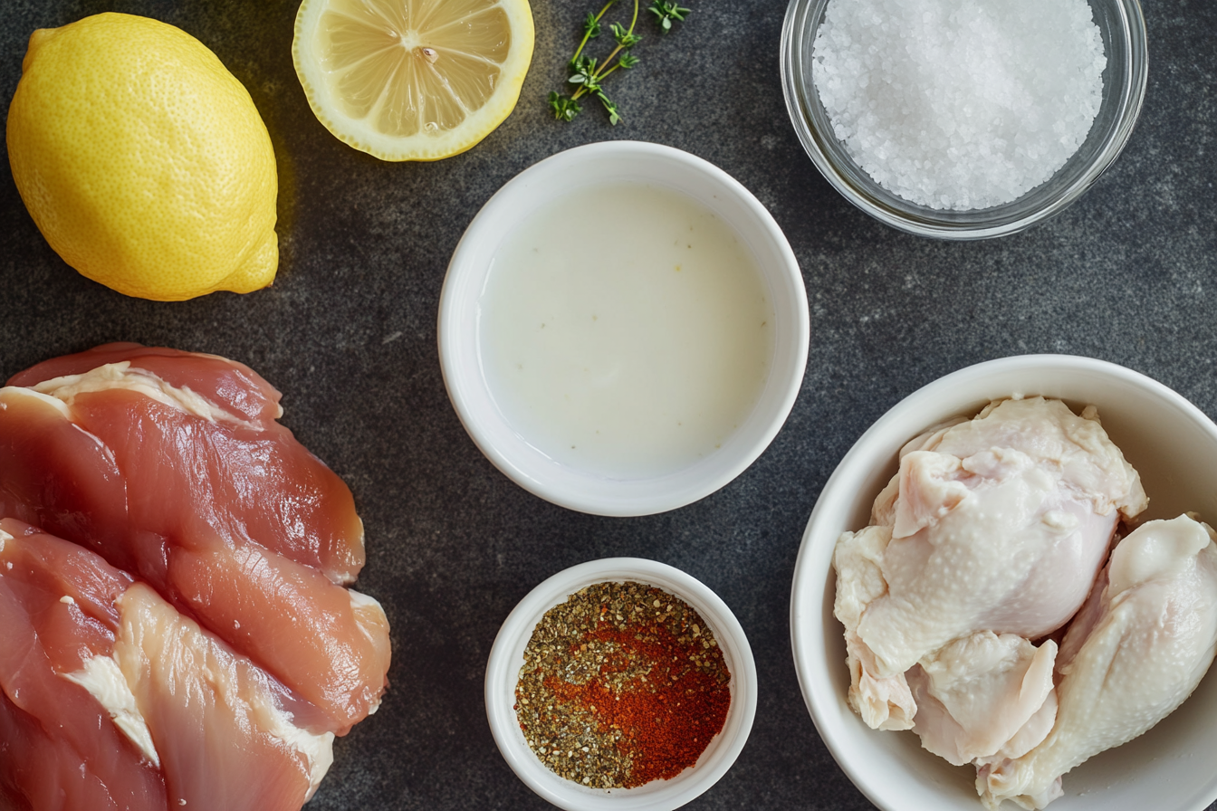 Three marinade bowls: milk and lemon juice, spiced yogurt, and saltwater brine with raw chicken pieces beside them.