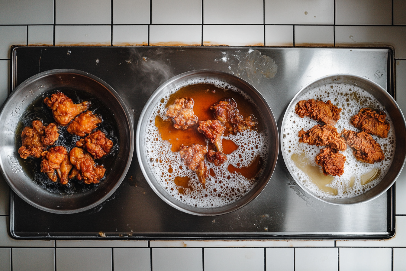 Fried chicken cooking in oil (deep fry), on a skillet (pan fry), and in an air fryer basket.