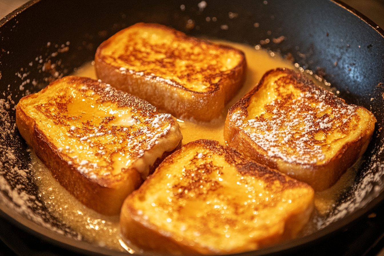 Buttermilk French toast being served from a skillet with a golden crisp crust and soft custard interior