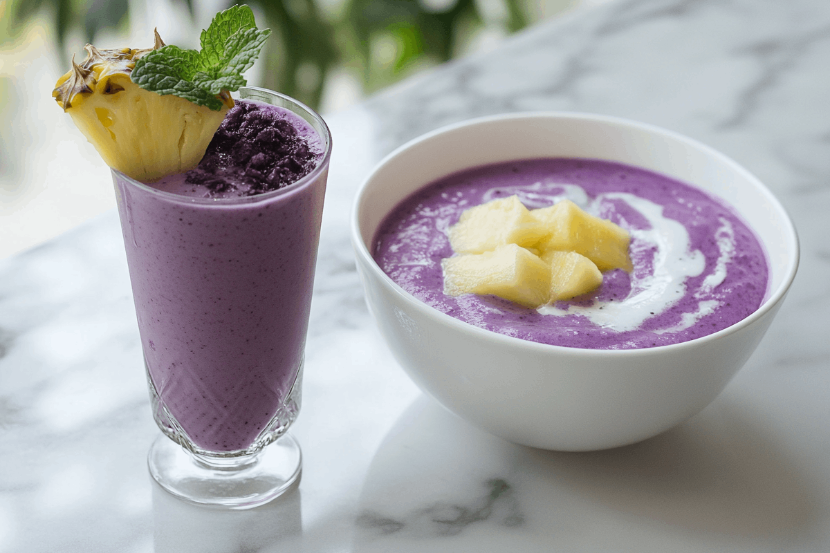 A glass of purple sweet potato smoothie beside a bowl of creamy purple sweet potato soup with coconut milk swirl.