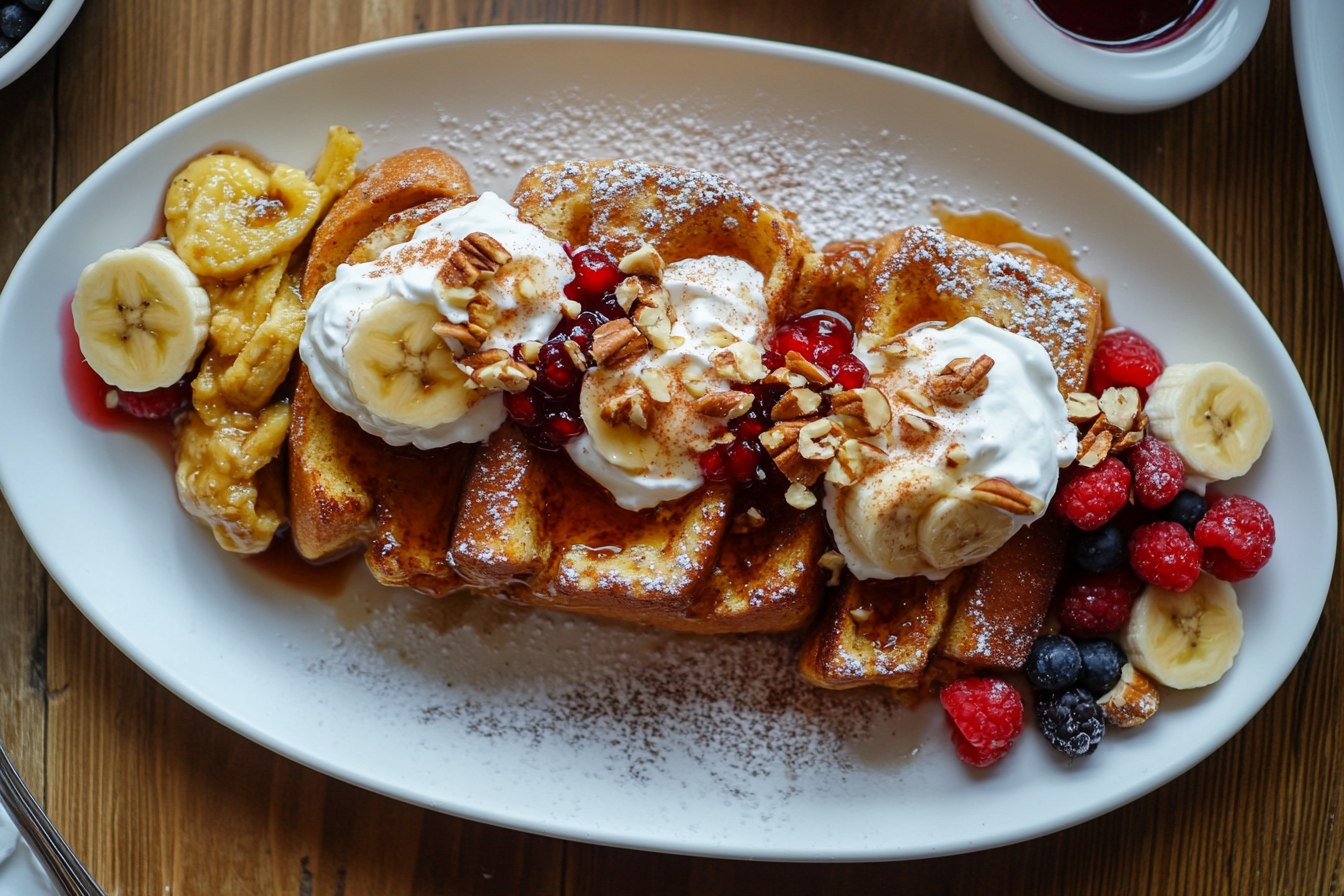 Assorted buttermilk French toast topped with pumpkin butter, berry compote, whipped cream, and banana-nut garnish