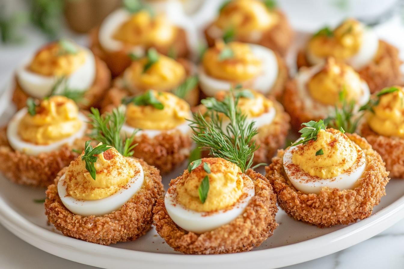 Deep fried deviled eggs arranged on a white platter with crispy golden crust and creamy yolk filling