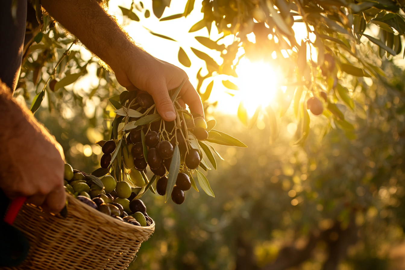 Greek farmer handpicking Kalamata olives from an olive tree in a sunlit grove with a basket below.