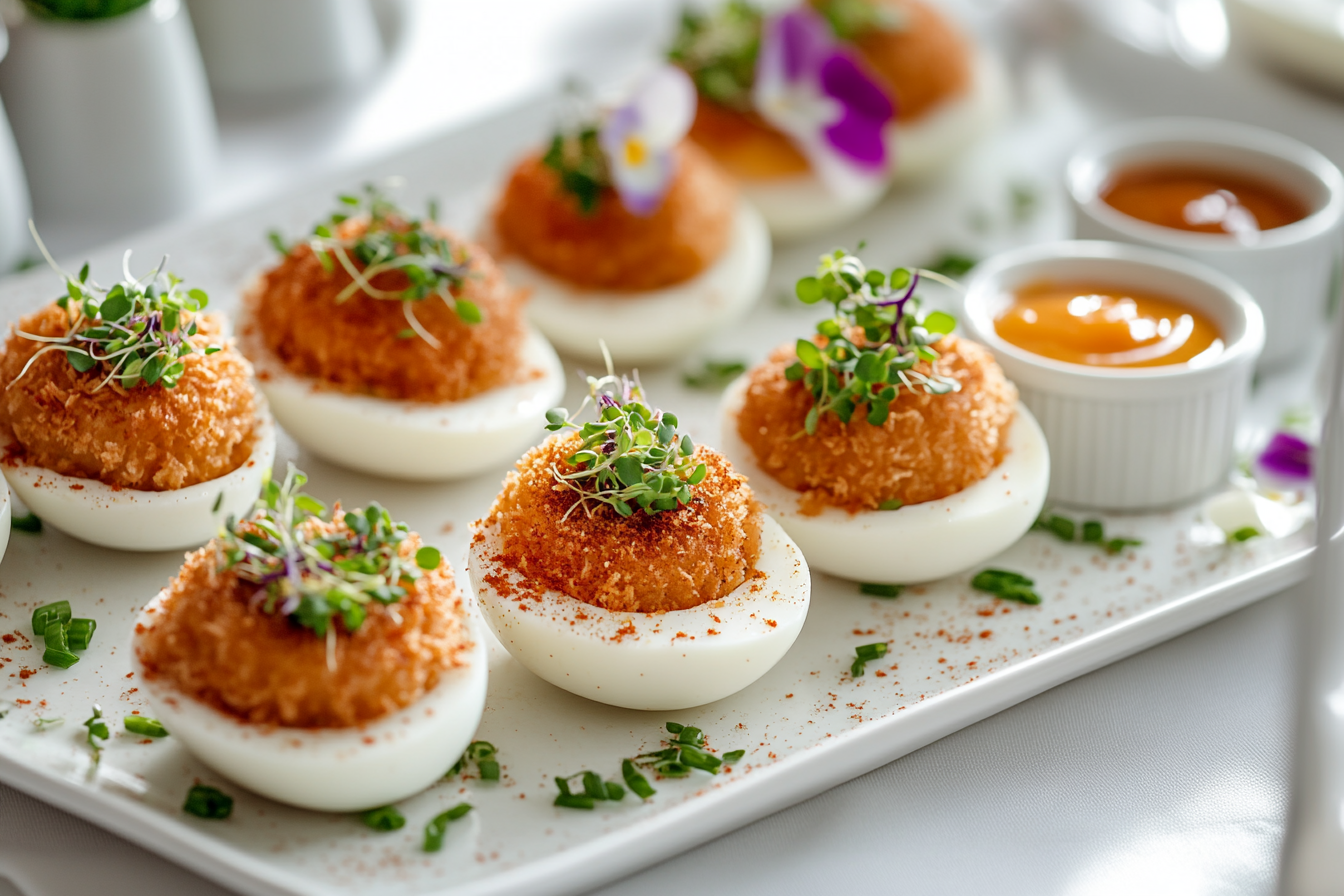 Deviled eggs topped with microgreens, herbs, and paprika served on a white tray with edible flowers and dipping sauces
