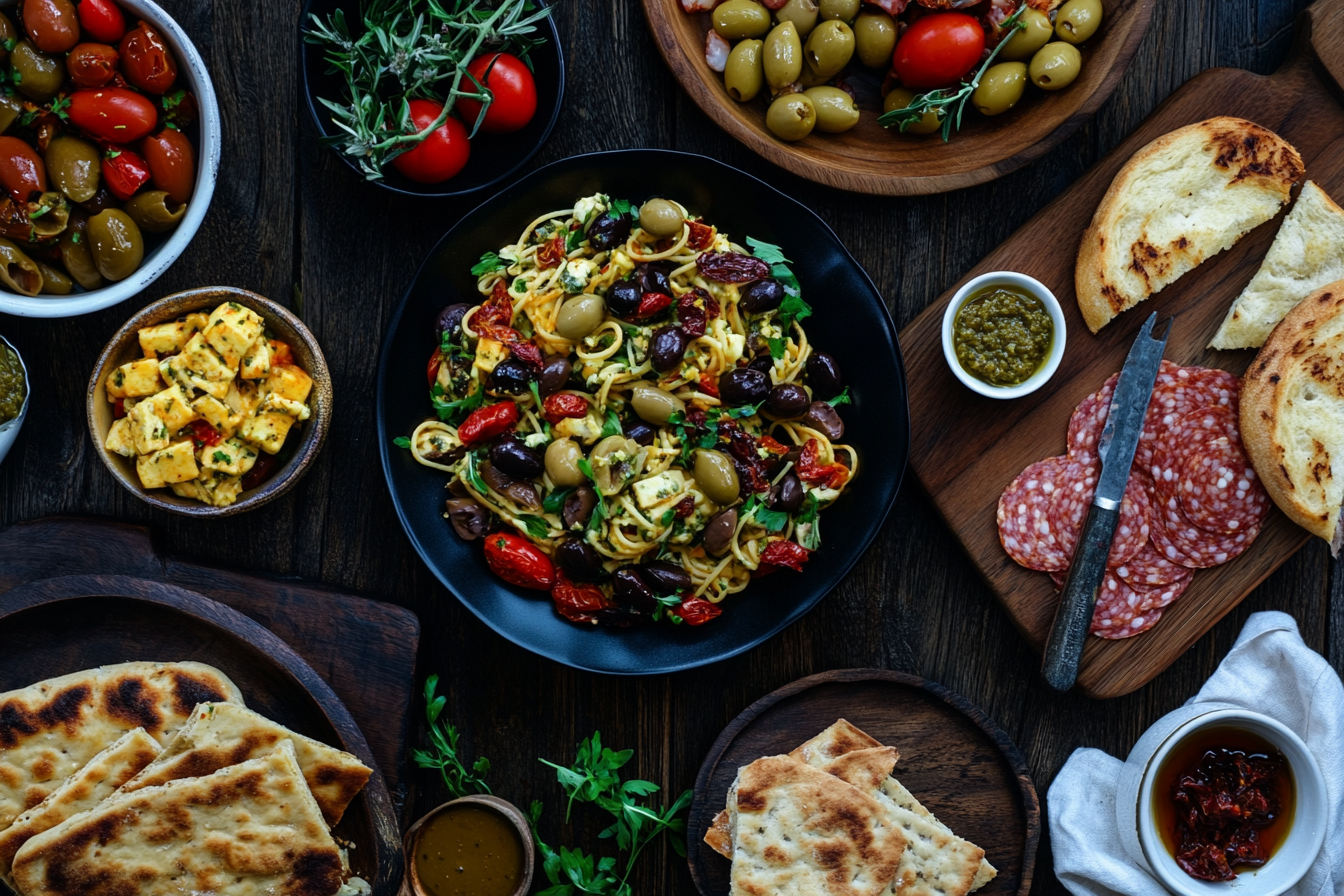 A spread of Mediterranean dishes featuring Kalamata olives in salads, tapenade, pasta, and flatbreads.