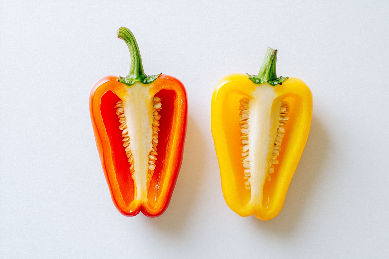 Sweet and hot banana peppers sliced open and labeled side by side on a clean surface.