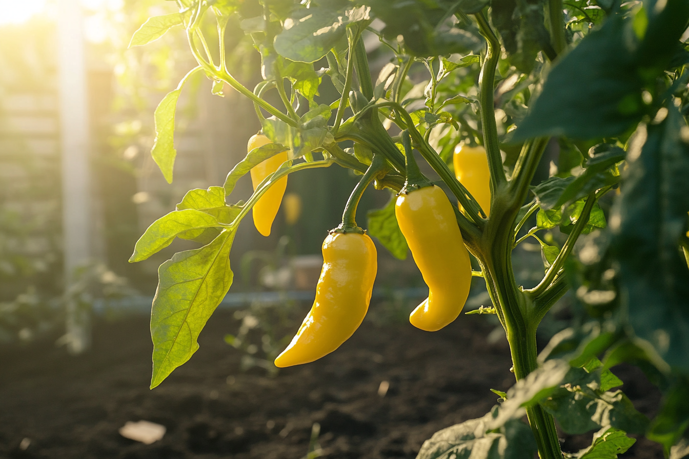 Banana pepper plant growing in a home garden with ripe yellow peppers.