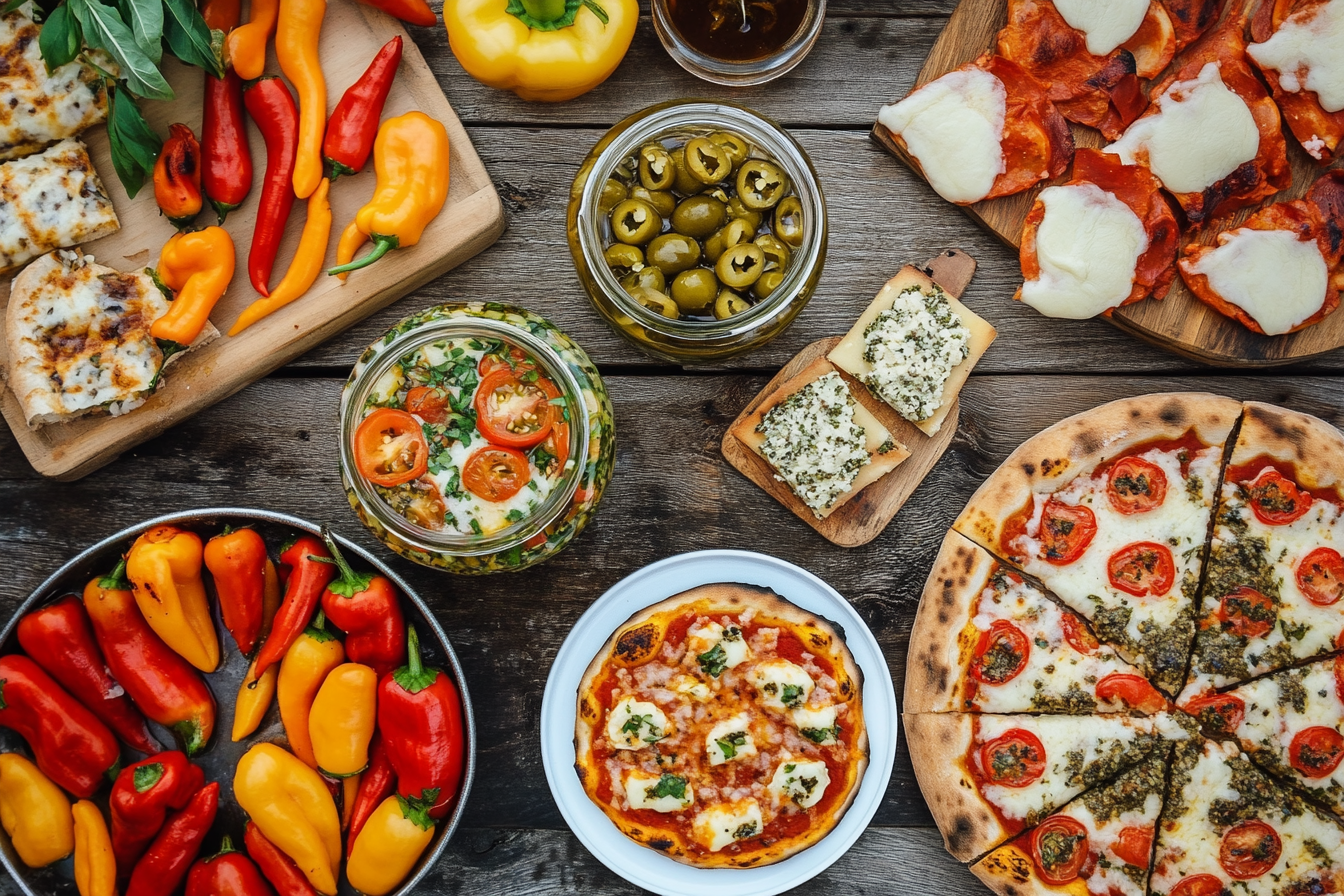 Various banana pepper dishes — pickled, stuffed, grilled, and sliced on pizza — arranged on a rustic table.
