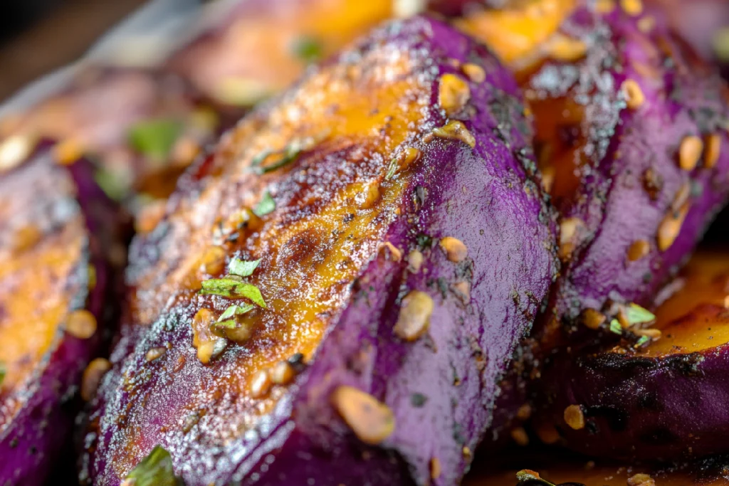 Vibrant roasted purple sweet potatoes .