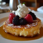 Plated buttermilk French toast topped with syrup and fresh berries.