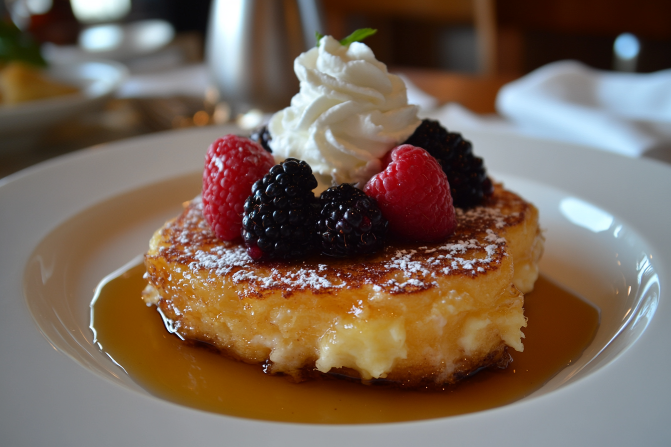 Plated buttermilk French toast topped with syrup and fresh berries.