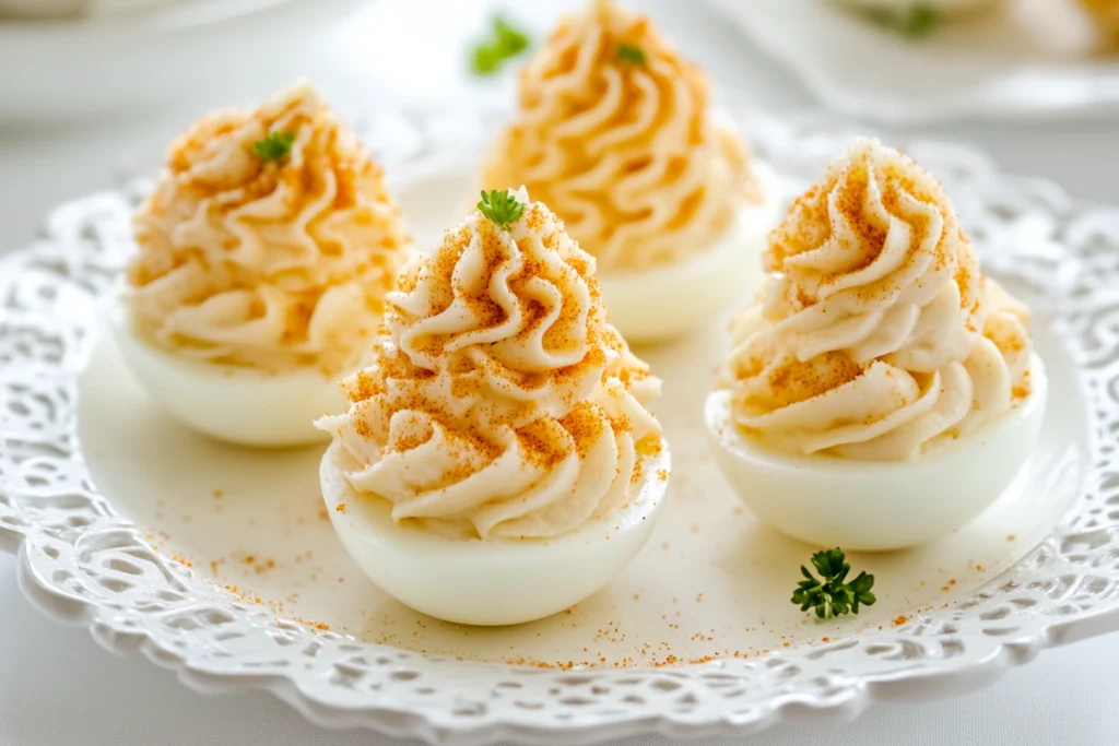 Deep fried deviled eggs in a white plate