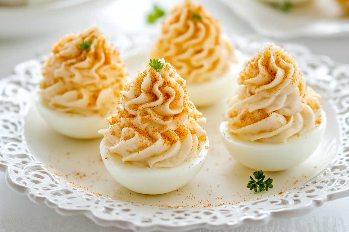 Deep fried deviled eggs in a white plate