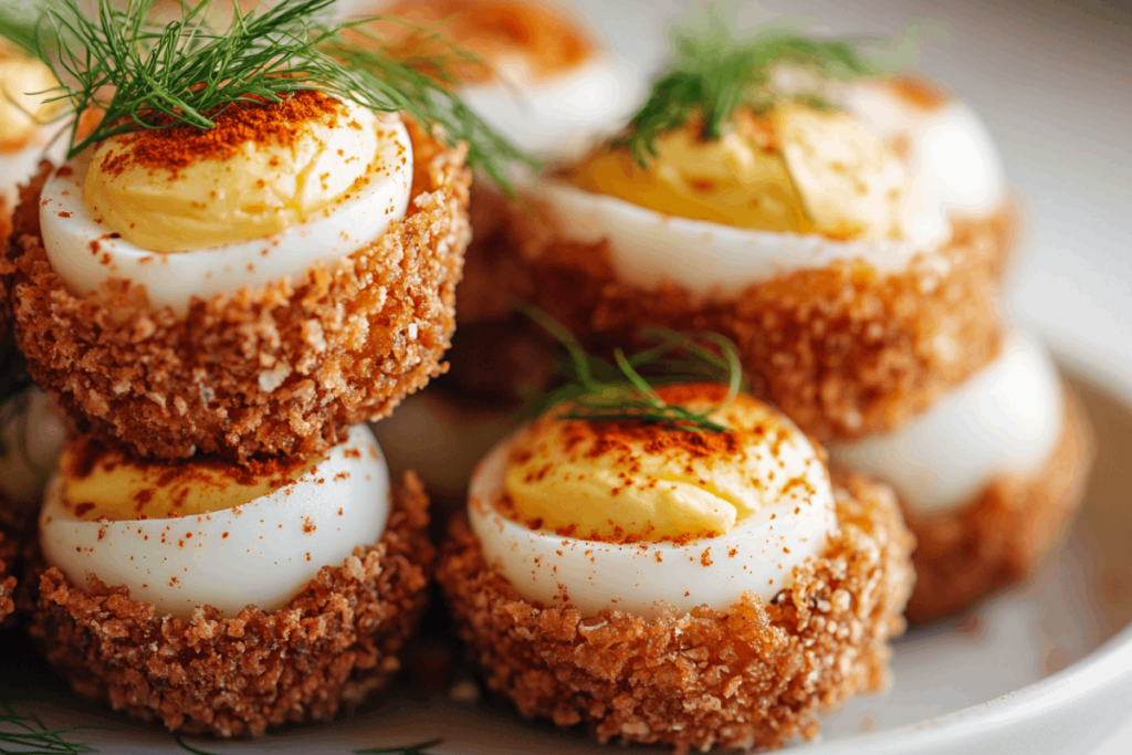 Golden deep fried deviled eggs on a white plate with creamy filling, fresh herbs, and dipping saucesCrispy Deep Fried Deviled Eggs with Southern Flair