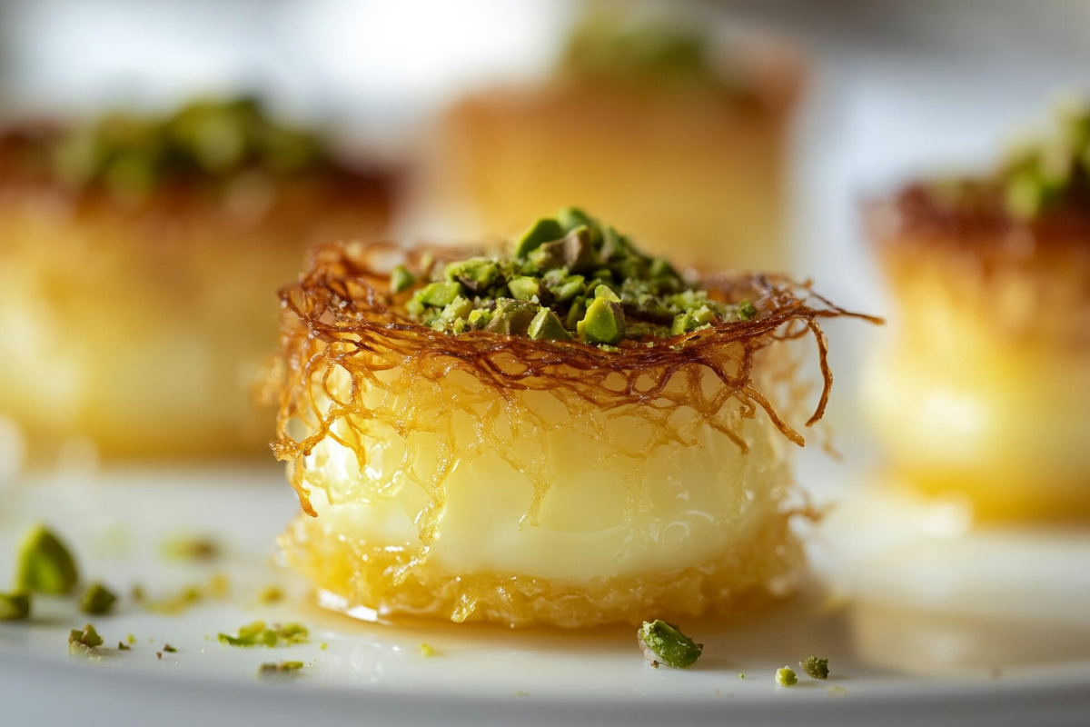 Freshly baked kunafa topped with pistachios and sugar syrup.