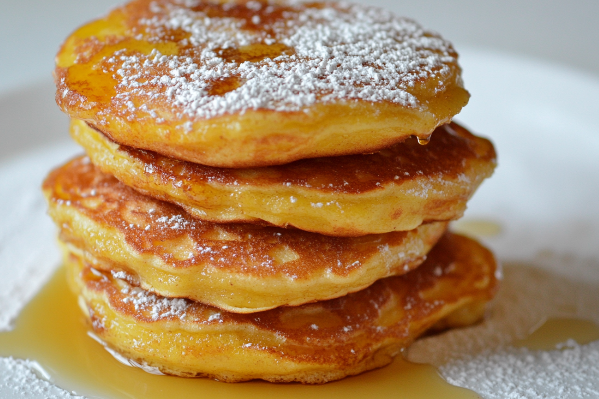 Stack of mini pancakes with syrup .