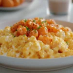 Scrambled eggs with cottage cheese garnished with herbs