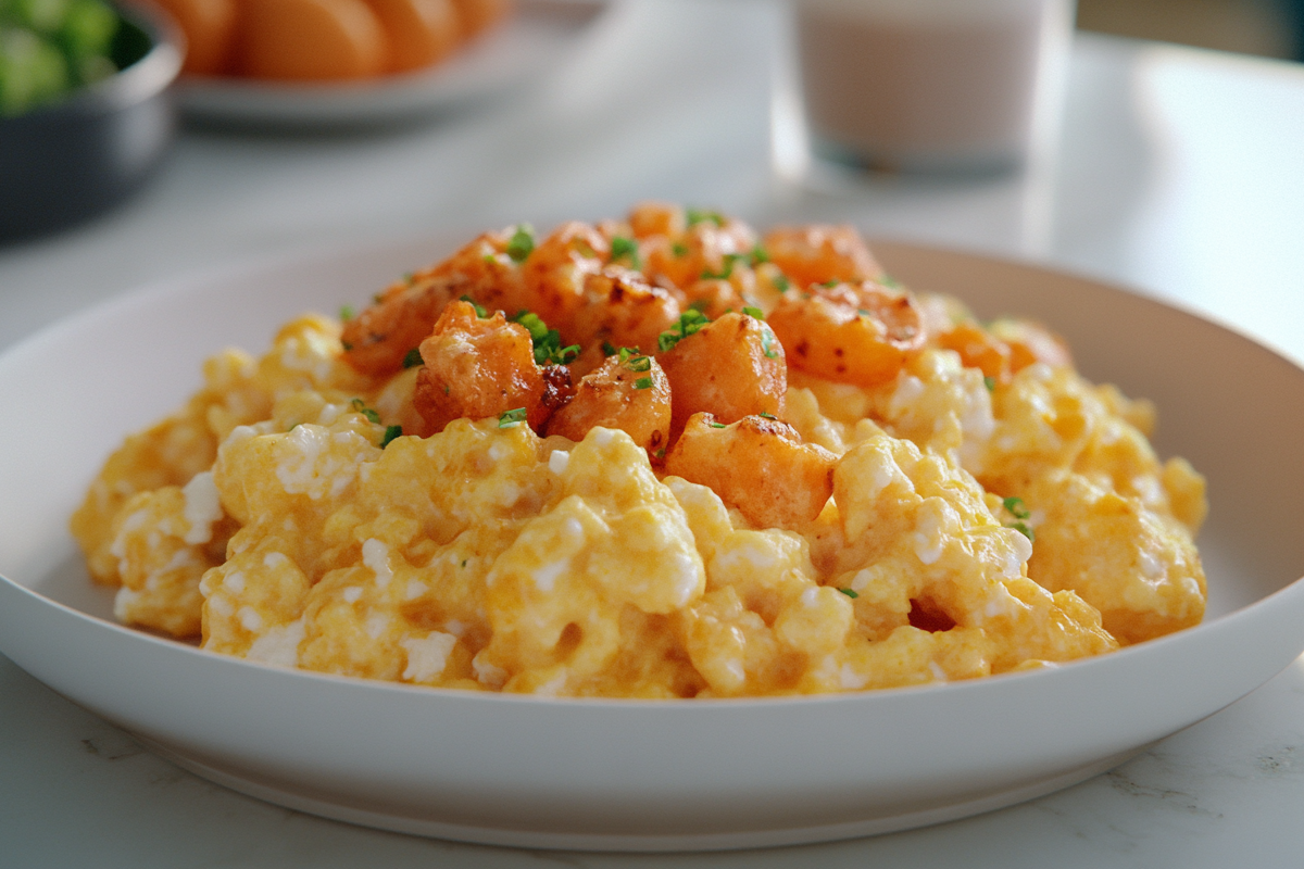 Scrambled eggs with cottage cheese garnished with herbs