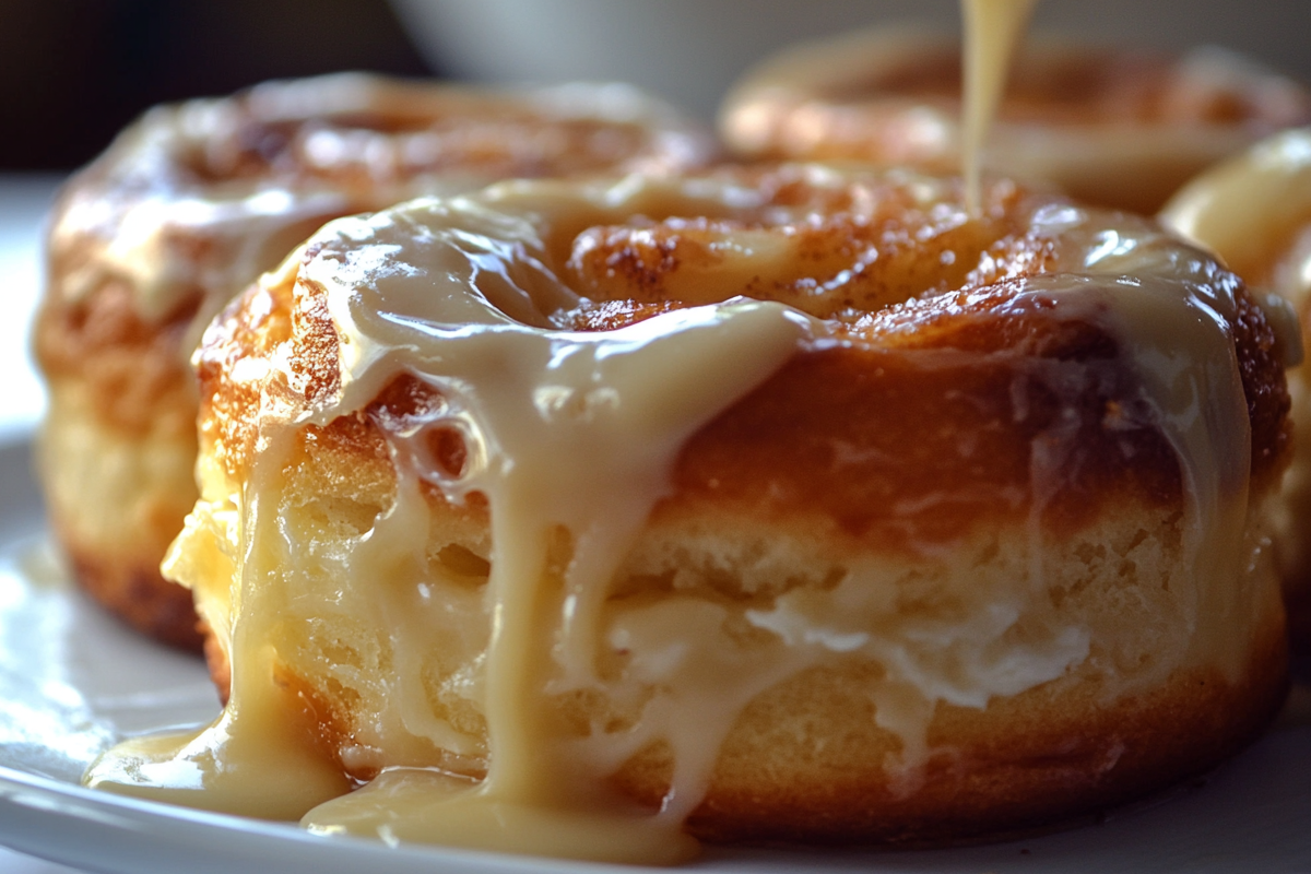 Freshly baked sourdough cinnamon rolls topped with cream cheese frosting"