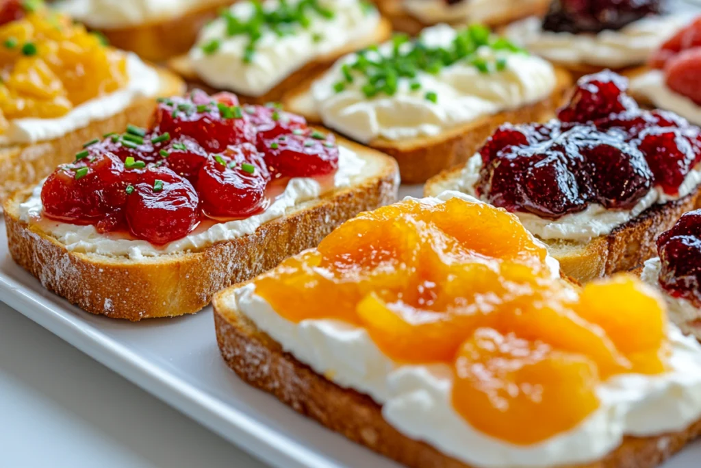 Assorted types of toast with fruit jams