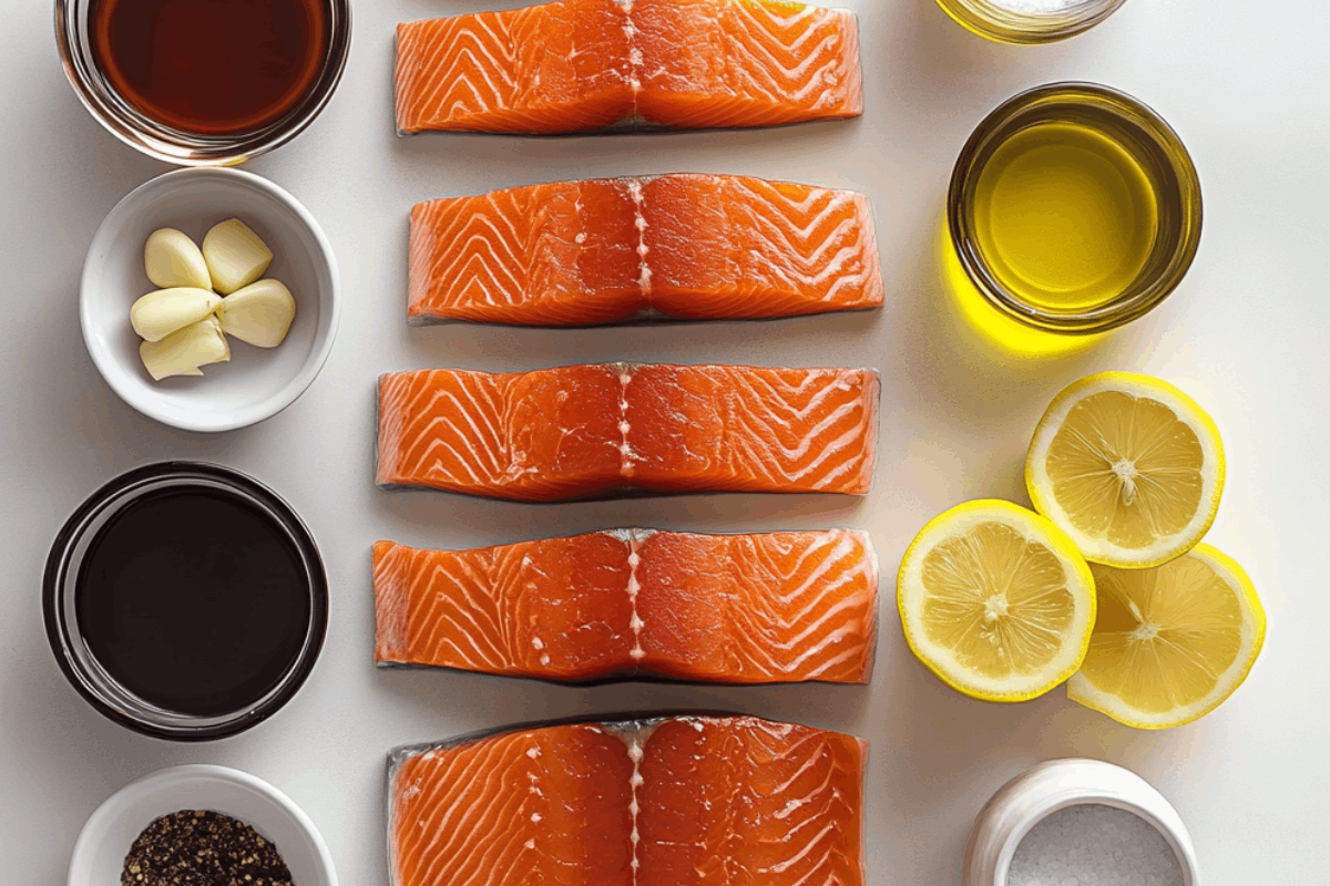 Flat lay of fresh ingredients for maple glazed salmon, including raw salmon fillets, maple syrup, Dijon mustard, garlic, ginger, soy sauce, lemon, and olive oil.