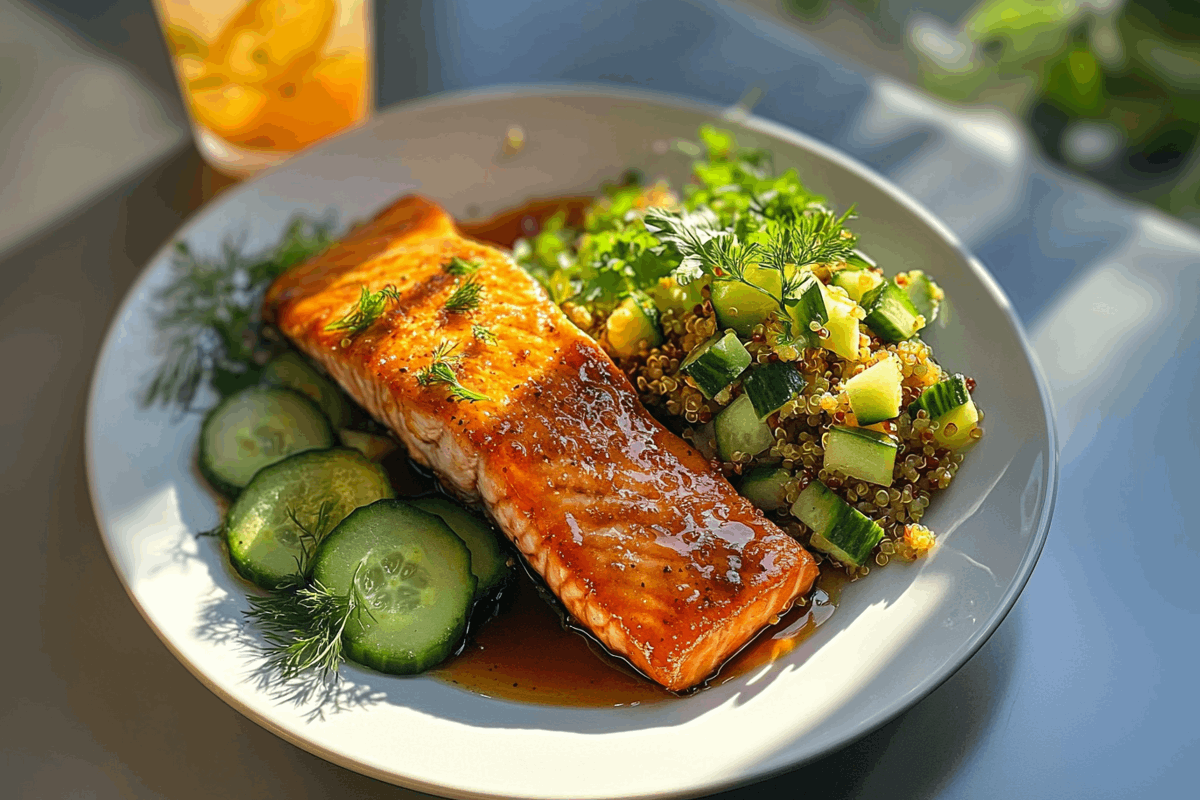 Maple glazed salmon served with cucumber-dill salad and citrus quinoa salad on a white plate, styled for a light and refreshing summer meal.