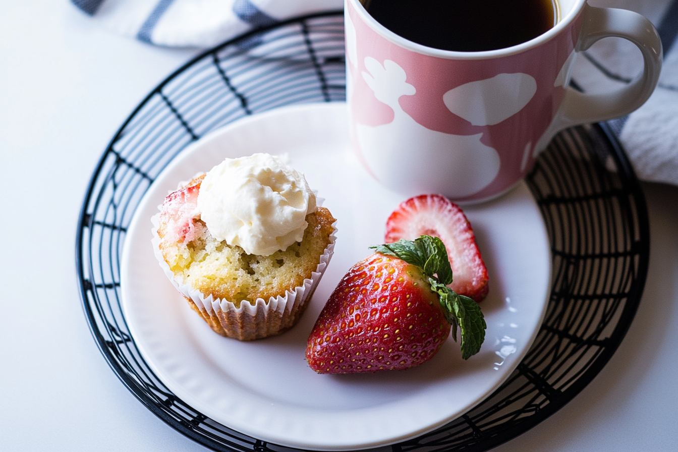 Strawberry muffin served with whipped cream and coffee