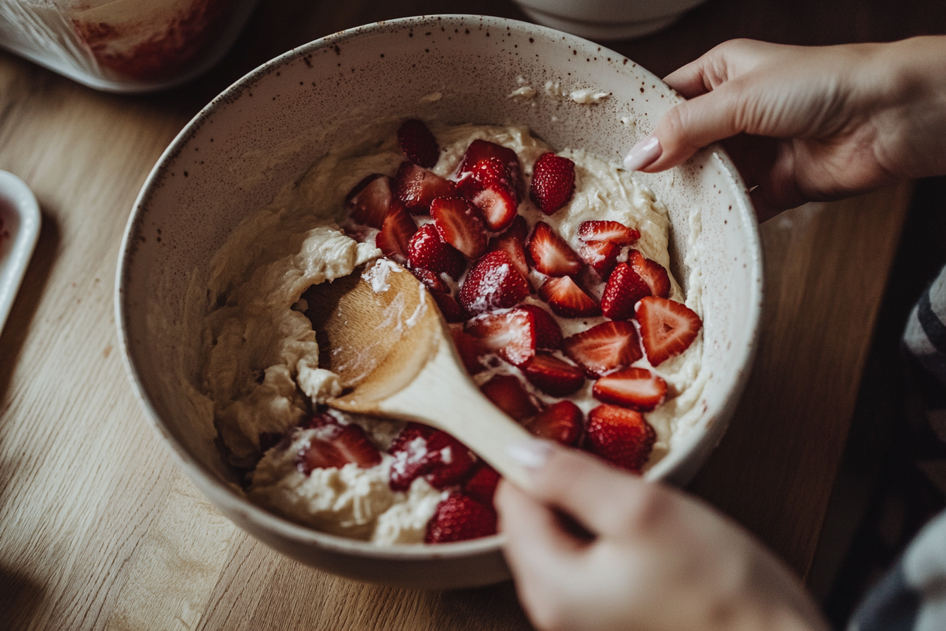 ands mixing strawberry muffin batter with fresh strawberries