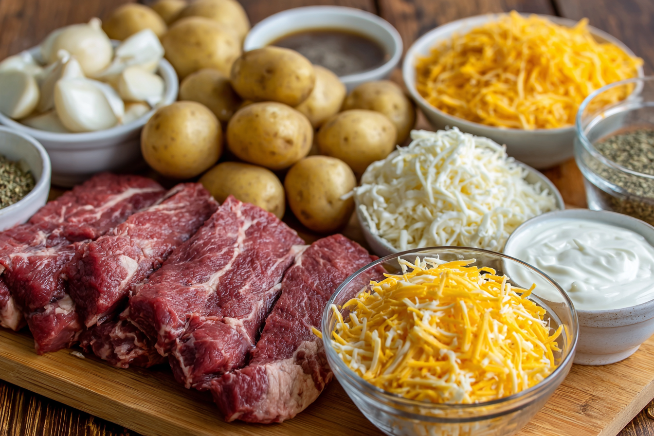  Ingredients for Crockpot Cheesy Garlic Steak and Potato Bake