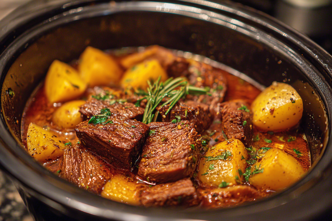 Crockpot Cheesy Garlic Steak and Potato Bake cooking process