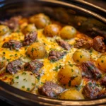 Crockpot Cheesy Garlic Steak and Potato Bake in slow cooker close-up