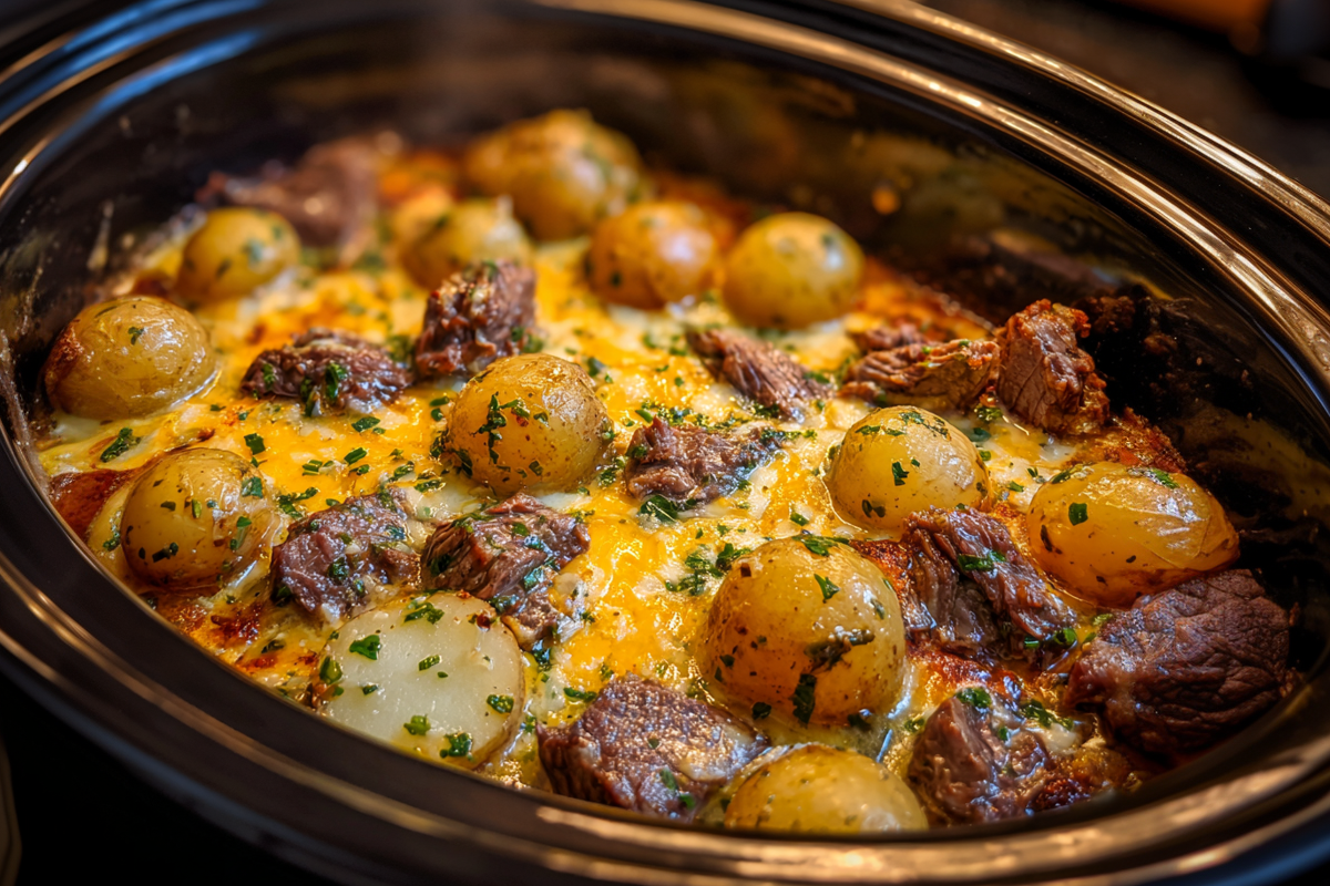 Crockpot Cheesy Garlic Steak and Potato Bake in slow cooker close-up
