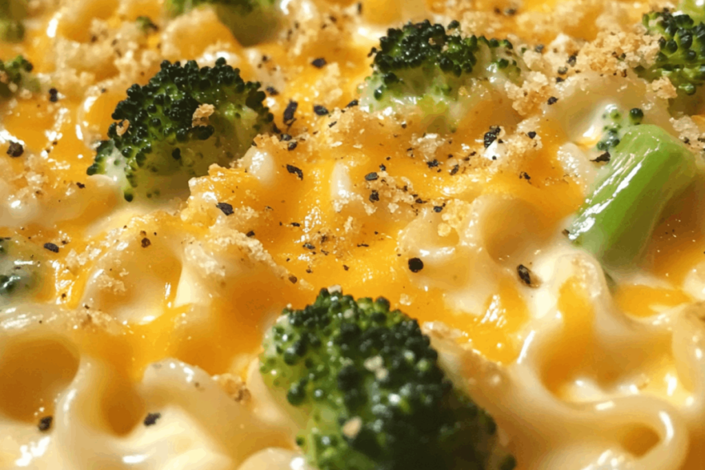 Southern Broccoli & Cheese Ramen Bake – Creamy Cheddar Casserole on White Plate