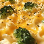 Southern Broccoli & Cheese Ramen Bake – Creamy Cheddar Casserole on White Plate
