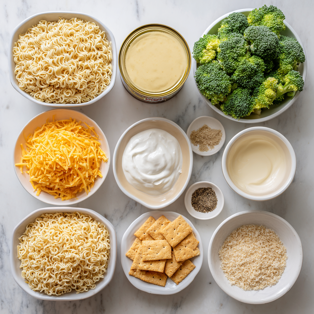 Southern Broccoli & Cheese Ramen Bake ingredients – ramen noodles, broccoli florets, cheddar cheese, cream of cheddar soup, sour cream, and buttery crackers on white marble countertop.