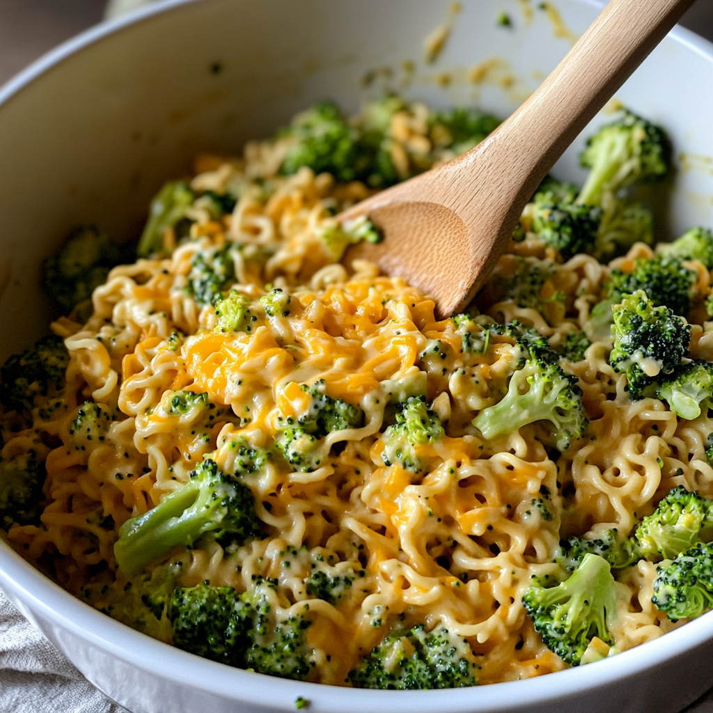 Mixing ramen noodles, broccoli, and cheddar sauce for Southern Broccoli & Cheese Ramen Bake in a white bowl with wooden spoon.