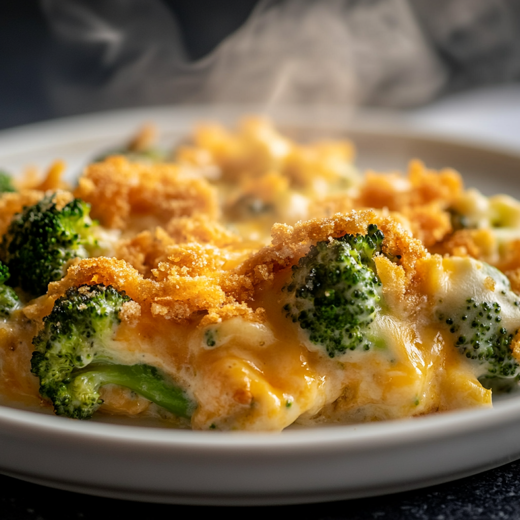 Close-up of Southern Broccoli & Cheese Ramen Bake showing creamy cheddar sauce, tender broccoli florets, and golden buttery cracker topping