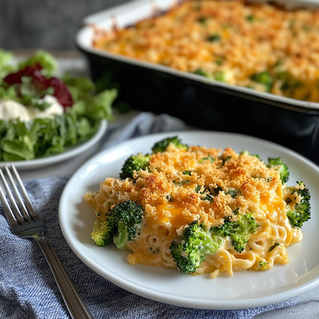 Serving of Southern Broccoli & Cheese Ramen Bake on white plate with side salad and golden baked topping.