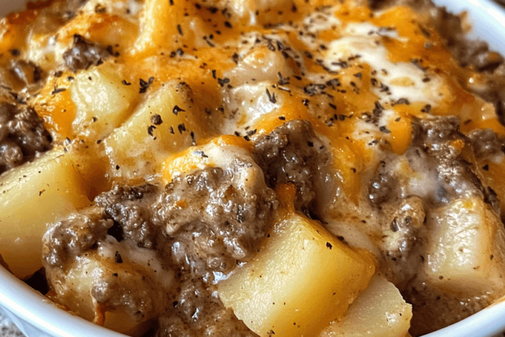 A down-home dish stacked with seasoned beef, tender potatoes, melty cheddar, and a creamy kick that’ll wrangle every appetite at the table!