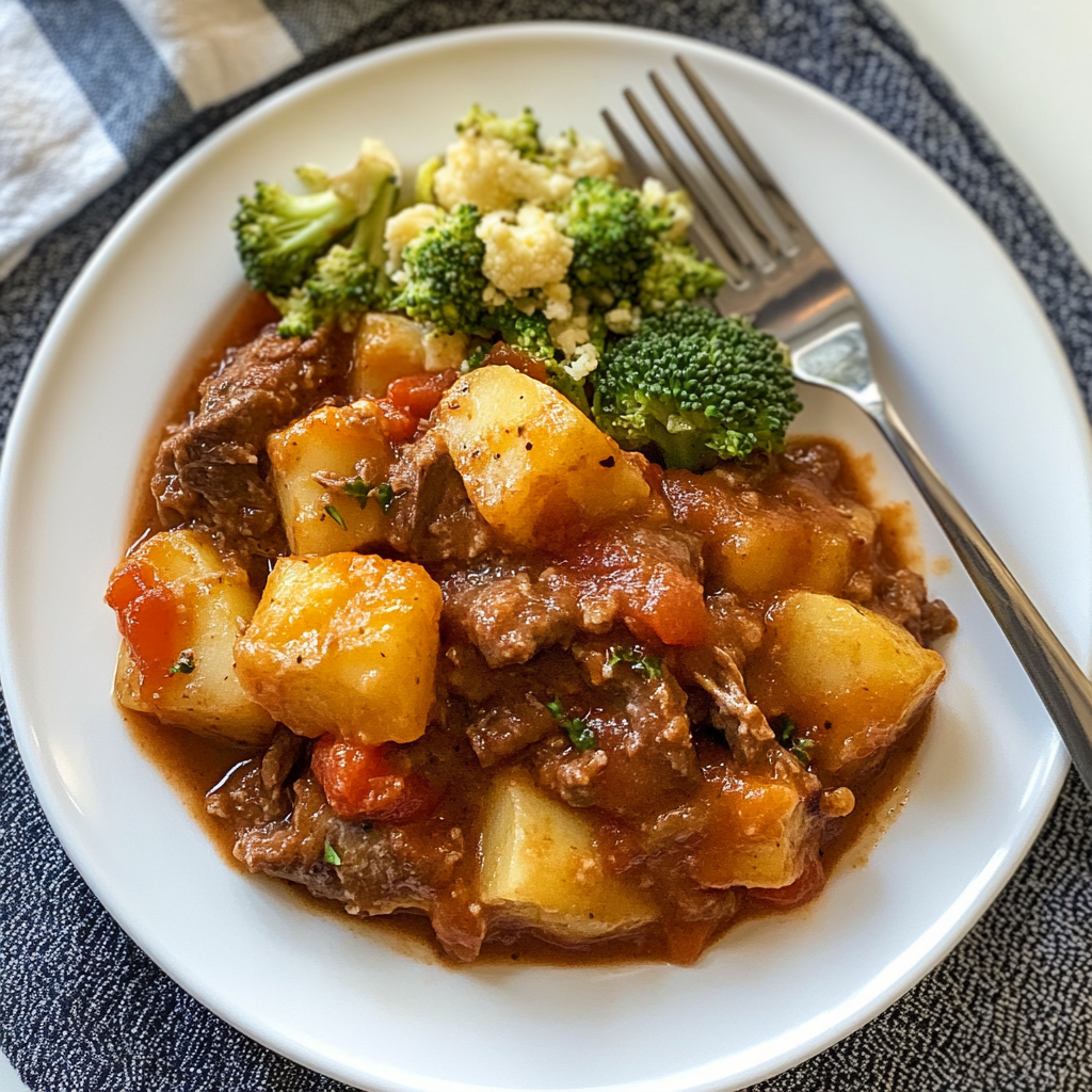Serving of Hearty Cowboy Beef & Potato Casserole on white plate with broccoli 