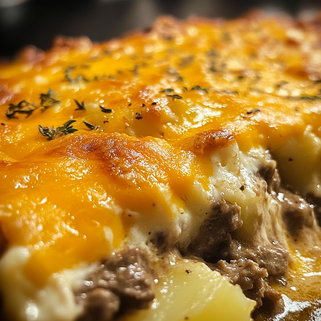 Close-up of golden baked Hearty Cowboy Beef & Potato Casserole with melted cheese and crispy topping