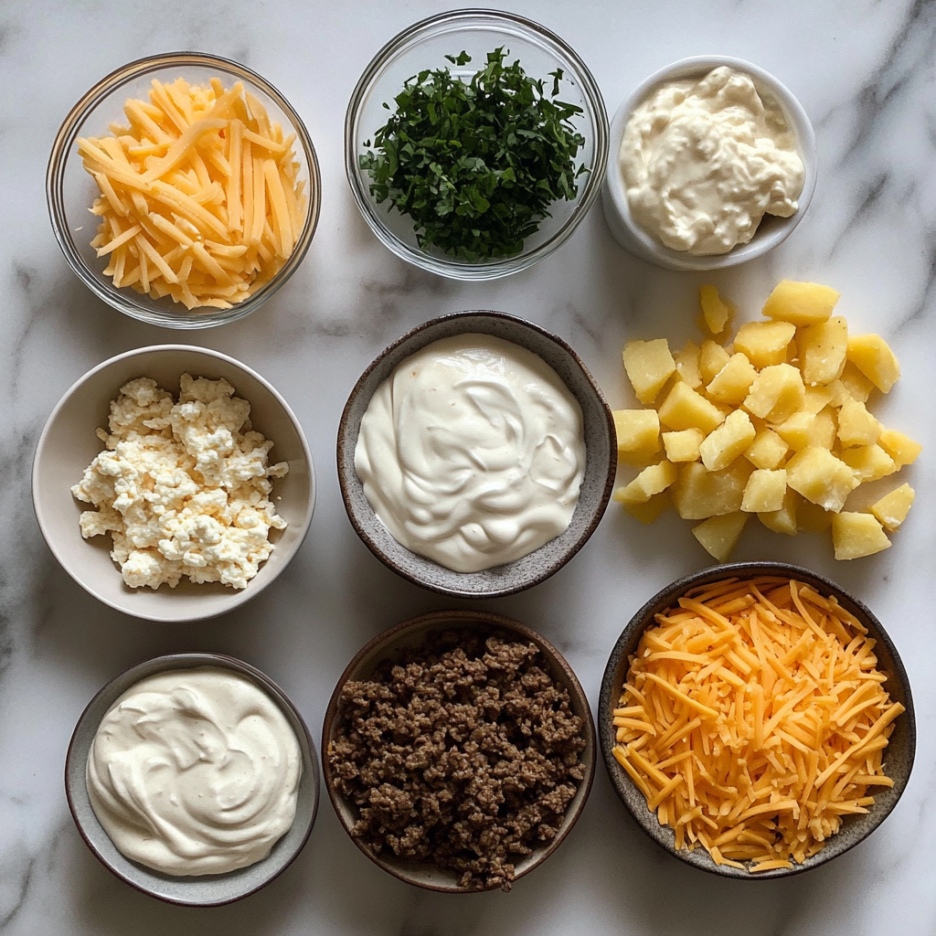 Hearty Cowboy Beef & Potato Casserole ingredients on marble countertopTitle: Hearty Cowboy Beef & Potato Casserole Ingredients